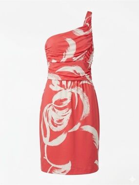BCBGMaxAzria Coral Pink & White One-Shoulder Printed Dress